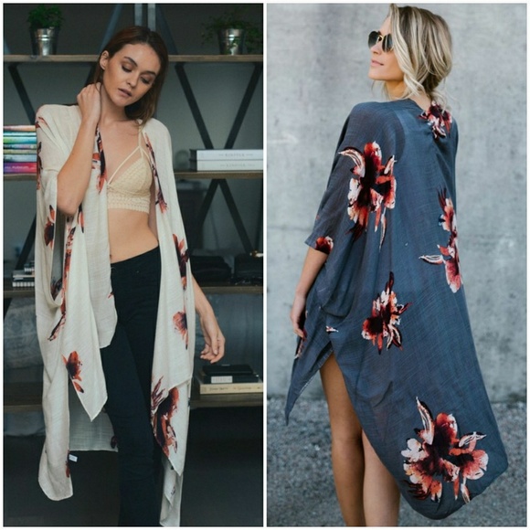 Floral Print Kimono Shawl-Black - Picture 4 of 5